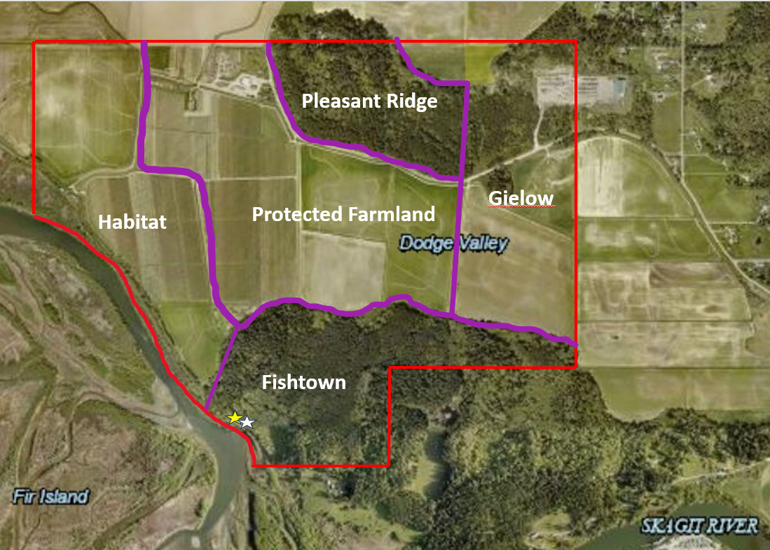 map of Haller Farm with sections outlined to label which parts of the property will be used for the estuary project, transferred to Gielow Pickles, restored for Fish Town, and protected under the Farmland Legacy Program.” Caption under the photo for the website should read “Map of Haller Farm, Southeast of La Conner